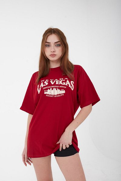Mad&Calf Tricou roșu cu imprimeu Las Vegas oversize unisex