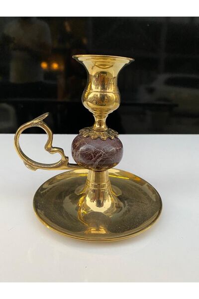 LüksAksesuar Antika Nostalji Doğal Mermer Taşlı Sarı Pirinç Mumluk Sarı Bakır Şinanay