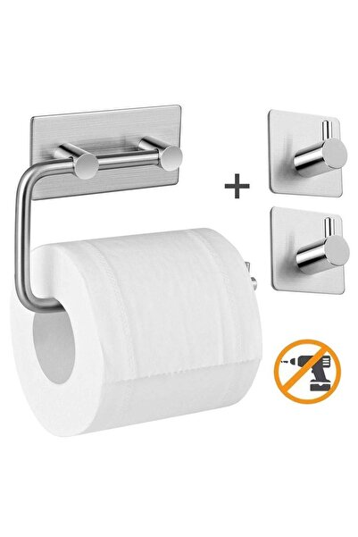 DELTAHOME Paslanmaz Çelik Yapışkanlı Tuvalet Kağıtlığı Ve 2 Adet Banyo Askısı Anında Montaj Vida Yok Inox