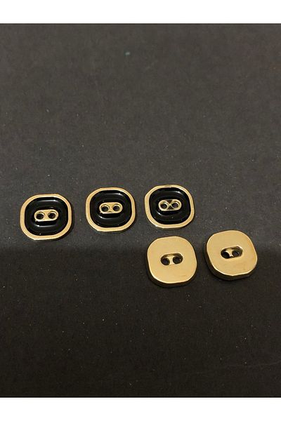 aensia Gold Black Enameled Flat Hole Square Button Small Size Metal Button 20 Size Buttons - Pack of 5