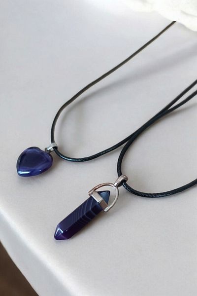MGA DOĞAL TAŞ 2 Lover Purple Agate Stone Necklaces - Special Model Souvenirs