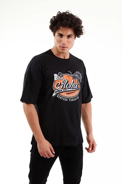 Mad&Calf Unisex Oversize Aloha εμπριμέ μαύρο μπλουζάκι