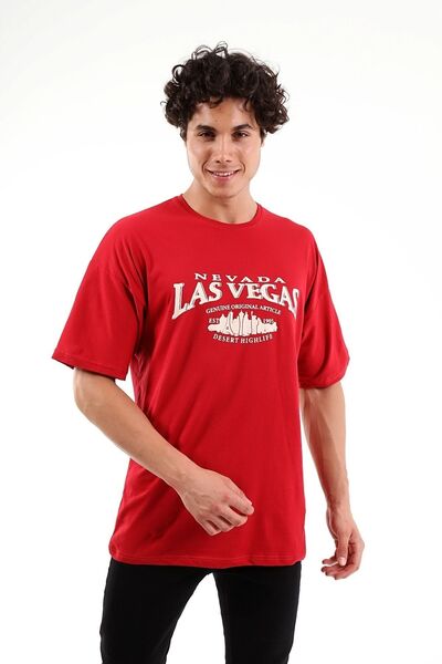 Mad&Calf Tricou roșu cu imprimeu Las Vegas oversize unisex