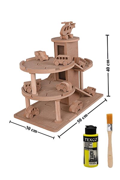 Genel Markalar Ahşap Oyuncak Otopark + 6 Adet Oyuncak Araba + 1 Adet Helikopter