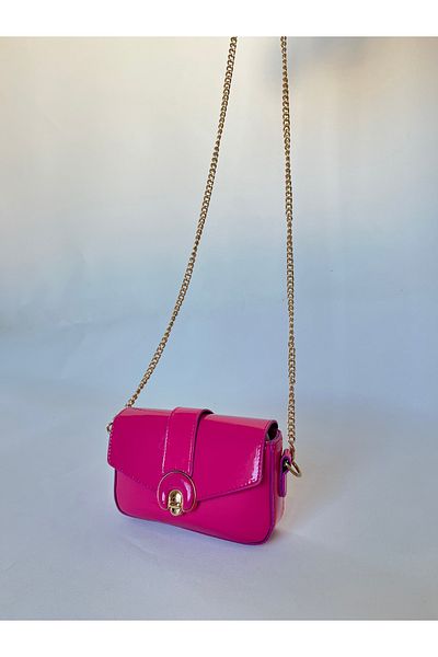 melecco Fuchsia Pink Mini Patent Leather Bag - Stylish Women's Bag with Gold Chain, Cross Strap and Accessory Detail