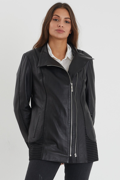 nero leather fur Nero Leather - Klasik Deri Ceket Çift Fermuarlı Süet Detaylı...