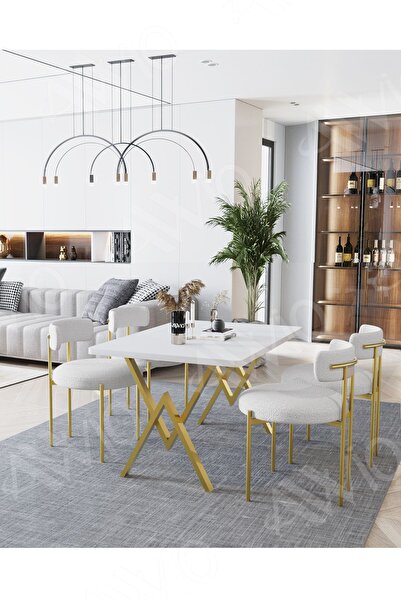 AVVİO MAT GOLD Teddy Sandalye 80x120 Yemek Masası Mutfak Masası 4 Kişilik Mas...