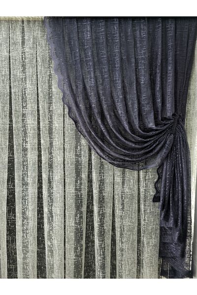 Art Perde Gray 2 Wing Tulle Background Curtain - Slub Patterned Drawstring Model