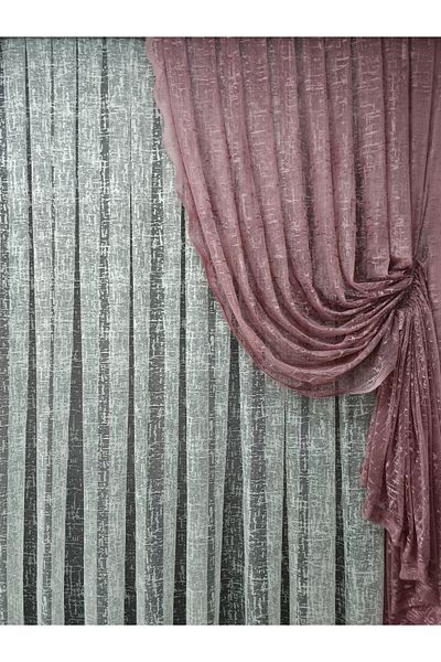 Art Perde Dried Rose Patterned 2 Wing Tulle Background Curtain - Drawstring Slub Model