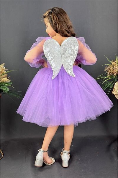 ABİYEKİDS Lilac Children's Evening Dress with Angel Wings 23 April Birthday Dress ABY895