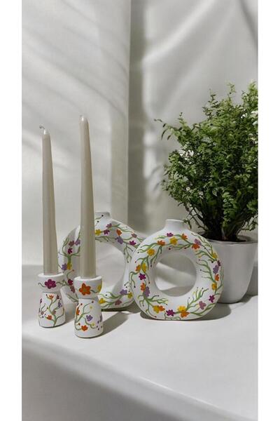 Porselian Renkli Çiçek Desenli 2'li Halka Vazo ve Şamdan