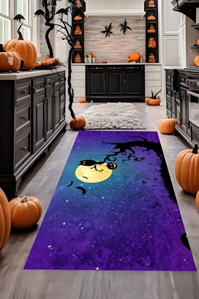 Alpacarpet Kaymaz Taban Makinede Yıkanabilir Halloween Cadılar Bayramı Desenl...
