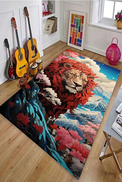 Alpacarpet Kaymaz Taban Makinede Yıkanabilir Lion Aslan Desenli Gamer Genç Od...