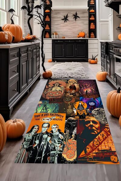 Alpacarpet Kaymaz Taban Makinede Yıkanabilir Halloween Cadılar Bayramı Desenl...