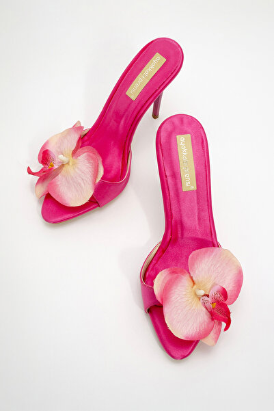 AYAKKABI PRENSİ Lily Flower Detailed Fuchsia Satin Fuchsia 10 cm Women's Slippers, Heeled Slippers