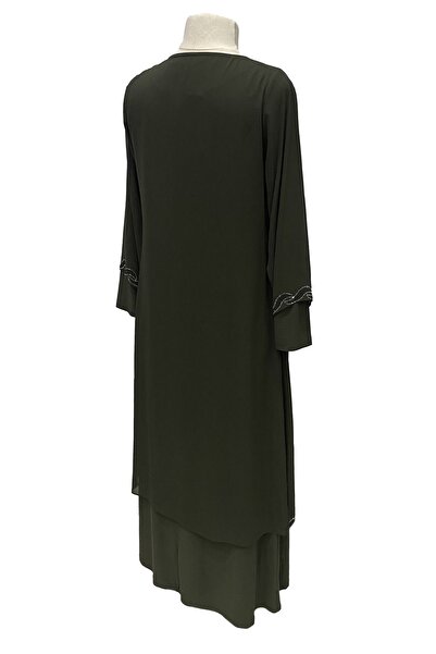 Giyinen Mağazaları Βραδινό φόρεμα μαμάς με κεντημένο πέτρα Khaki Saadet Chic Plus Size