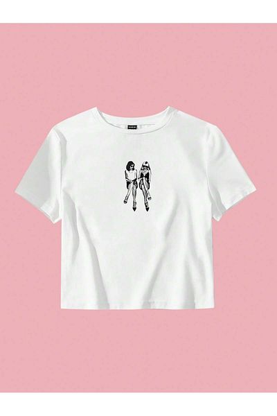 Bengi Clothing Γυναικεία Crop Top Μπλούζα με Λευκή στάμπα Y2k Style - Κοντό μανίκι