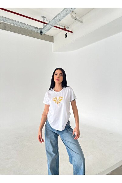 Butik Serdivan Λευκό Κεντημένο 100% Βαμβακερό Γυναικείο T-shirt - Μοτίβο Ακίδας