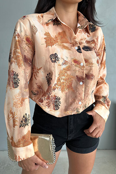 Ortaya Çık Σατέν Πουκάμισο - Ανοιχτό Καφέ Μοτίβο