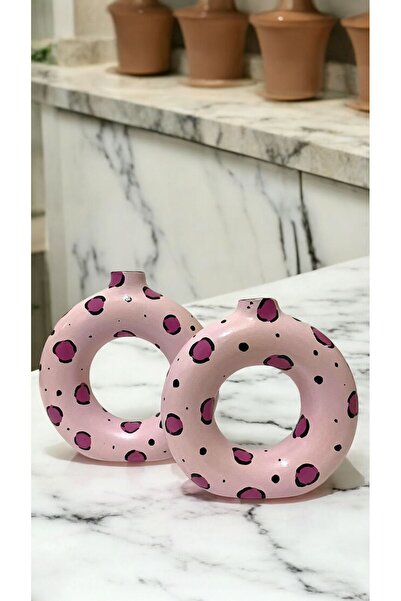 Porselian Handmade Pink Patterned Decorative Modern 2-Piece Ring Bohemian Vase
