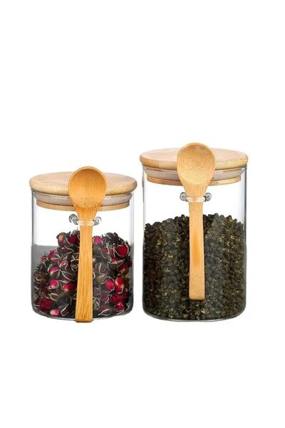 Qerhome طقم توابل زجاجي بغطاء من الخيزران مكون من قطعتين - 250 مل و 450 مل