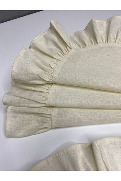 LILYUM 100% Cotton Beige Raw Linen Frilly 4-Piece American Service Round 40 cm