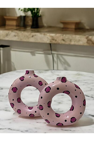 Porselian Handmade Pink Patterned Decorative Modern 2-Piece Ring Bohemian Vase