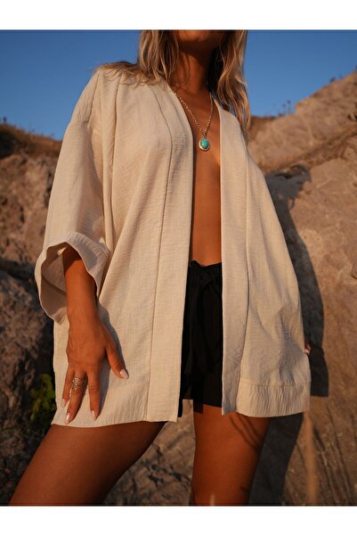 %100 Keten Bej Oversize Kimono