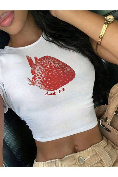 Bengi Clothing Λευκό εμπριμέ γυναικείο Crop Top - Y2k κοντομάνικη μπλούζα