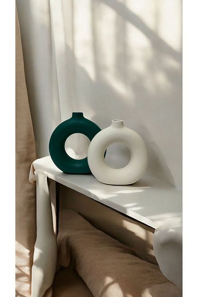 Porselian Handmade Green White Decorative Modern 2-Piece Ring Bohemian Vase