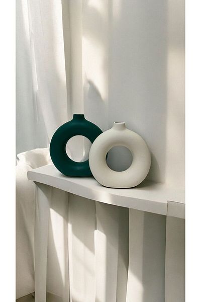 Porselian Handmade Green White Decorative Modern 2-Piece Ring Bohemian Vase