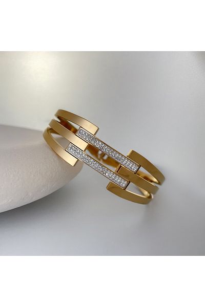 nerora Gold Rib Handcuff Bracelet - Stainless Steel, Two Rows with Rhinestones