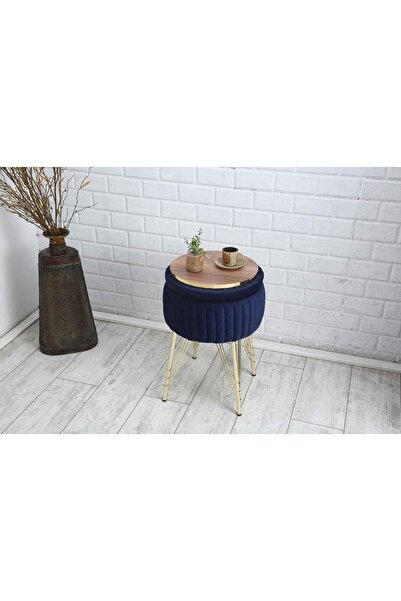 Sare Home Bianco Metal Ayaklı Puflu Sehpa Altın Koyu Mavi (GOLD DARK BLUE)