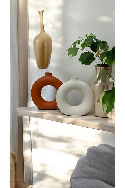 Porselian Handmade Orange White Decorative Modern 2-Piece Ring Bohemian Vase