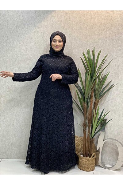 Butik büyük beden Kadın Siyah Maxi Güpür Abiye