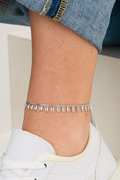 Ricco Jewellery 14 K Beyaz Altın Kaplama 925 Ayar Gümüş Zirkon Baget Taşlı Halhal