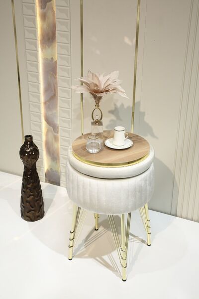 Sare Home Bianco Metal Ayaklı Puflu Sehpa Altın Kırık Beyaz (GOLD OFF WHİTE)