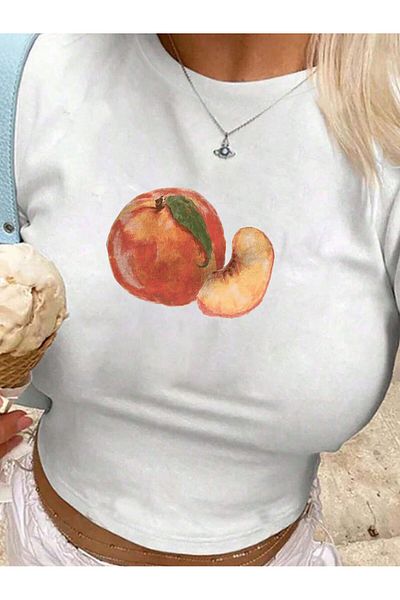 Bengi Clothing Λευκό εμπριμέ γυναικείο Crop Top - Y2k κοντομάνικη μπλούζα