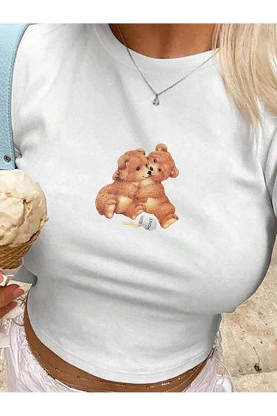 Bengi Clothing Λευκό εμπριμέ γυναικείο Crop Top - Y2k κοντομάνικη μπλούζα