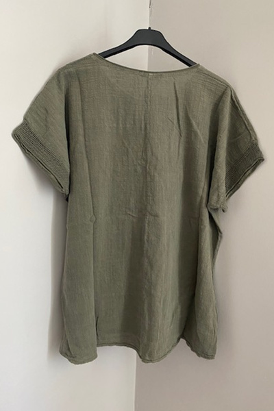 AYASOFYA OTANTIK Χακί γυναικεία μπλούζα - παγιέτες, μανίκια και φούστα με αστέρια, διχτυωτό λεπτομέρεια Oversize Loose 100% βαμβάκι