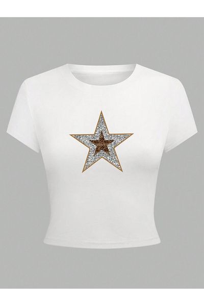 Bengi Clothing Λευκό εμπριμέ γυναικείο Crop Top - Y2k κοντομάνικη μπλούζα