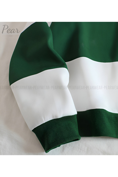 Pear Wear Green and White Double Color Oversize Zippered Sweatshirt