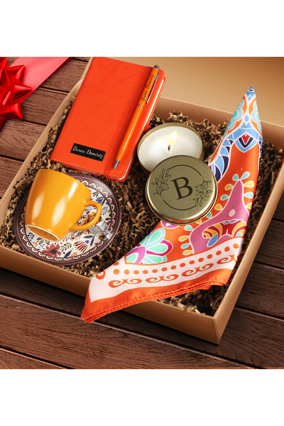 Apollon Gift Shop Desenli Turuncu Fincan & Turuncu Defter & Touch Pen Kalem &...