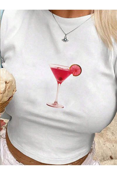 Bengi Clothing White Printed Women's Crop Top - Y2k Short Sleeve Blouse