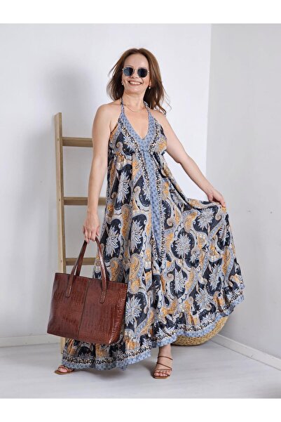 Felix Butik FELİX12394 Sırt Dekolteli Göğüs Bağlamalı Gri Turuncu Desenli Hint İşi İthal İpekli Elbise