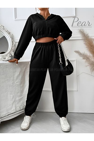 Pear Wear Women's - Hooded Crop Cardigan and Jogger Tracksuit Set of 2