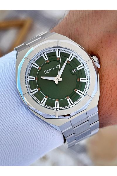 Ferrucci men's Silver Color Calendar Waterproof Steel Cord Wrist Watch