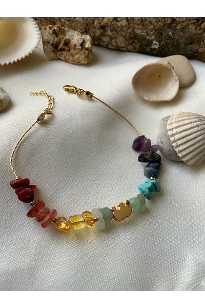 azra takı tasarım Handmade Colorful Natural Stone Chakra Women's Anklets
