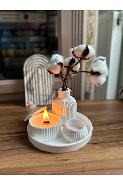 LİNECRAFT 5 Parça Beyaz Renk, Vazo, Tealightlık Ve Tepsi Aksesuar Seti Mum Ta...