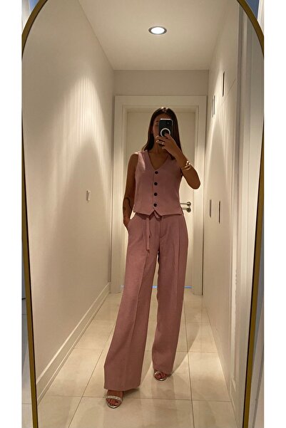 cn novembersun Σετ γυναικείο παντελόνι και γιλέκο με αποξηραμένο τριαντάφυλλο